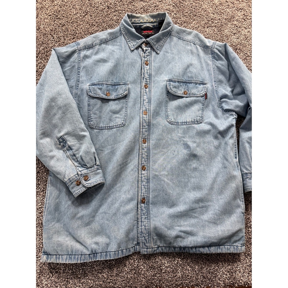 Wolverine Mens XL Fleece Lined Denim Shirt Jacket Light Wash Workwear Shacket